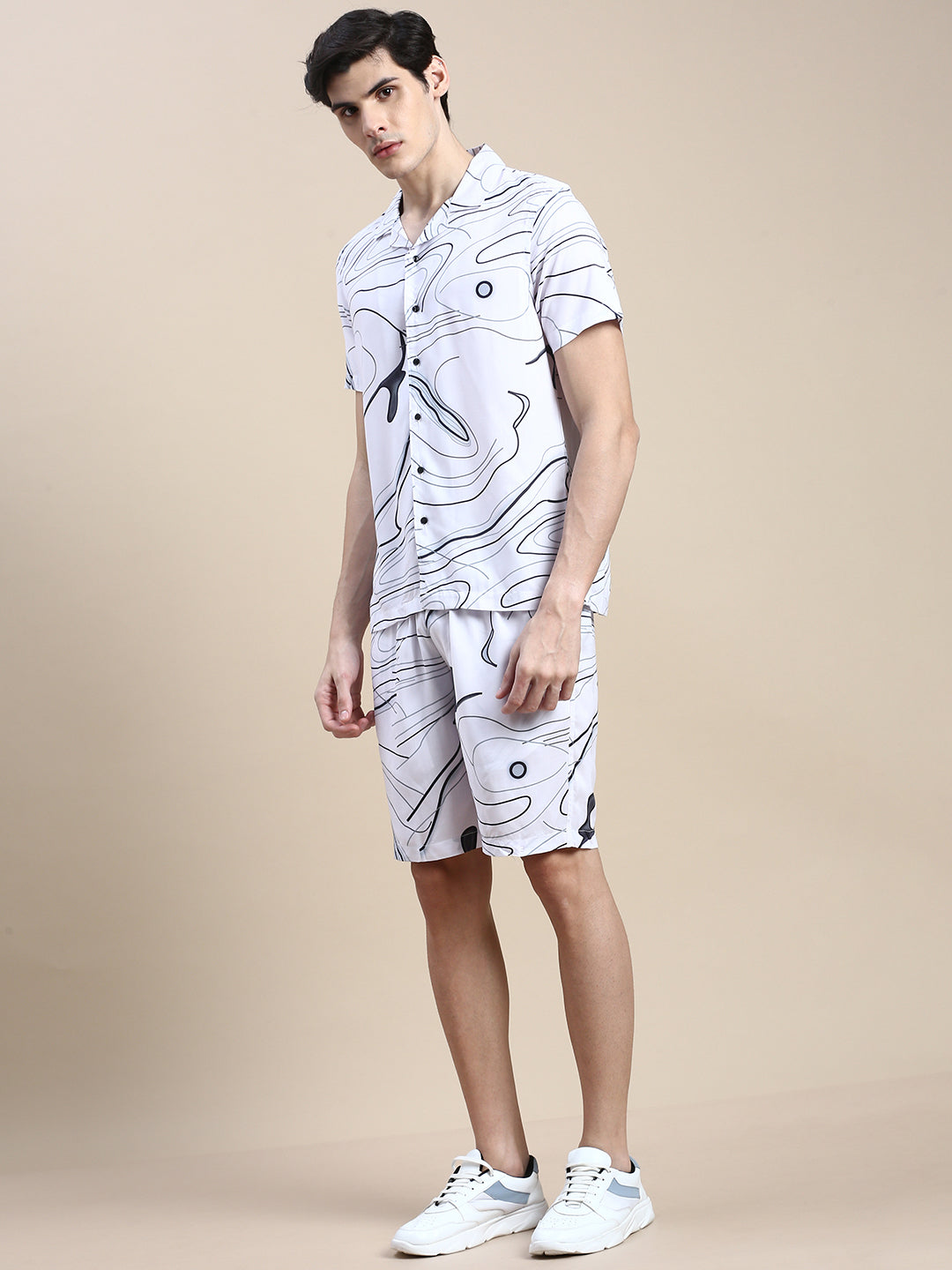 Men White Printed Casual Co ord Set