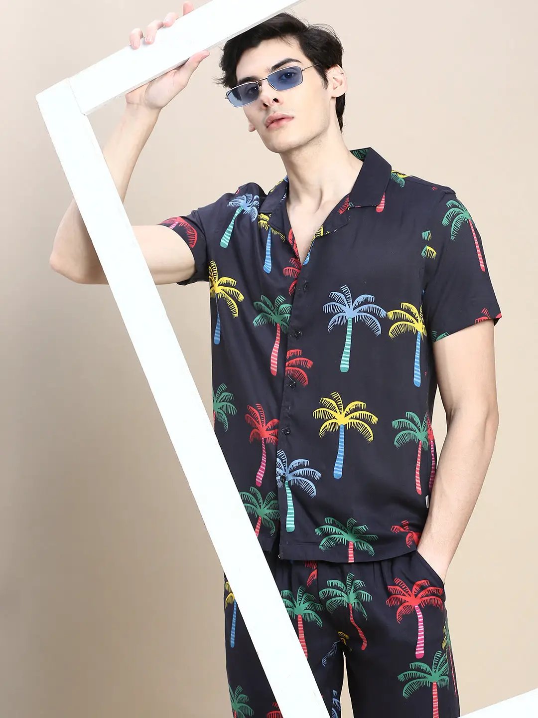 Men's Black Tropical Printed Shirt Collar Slim Fit Co-Ords Set