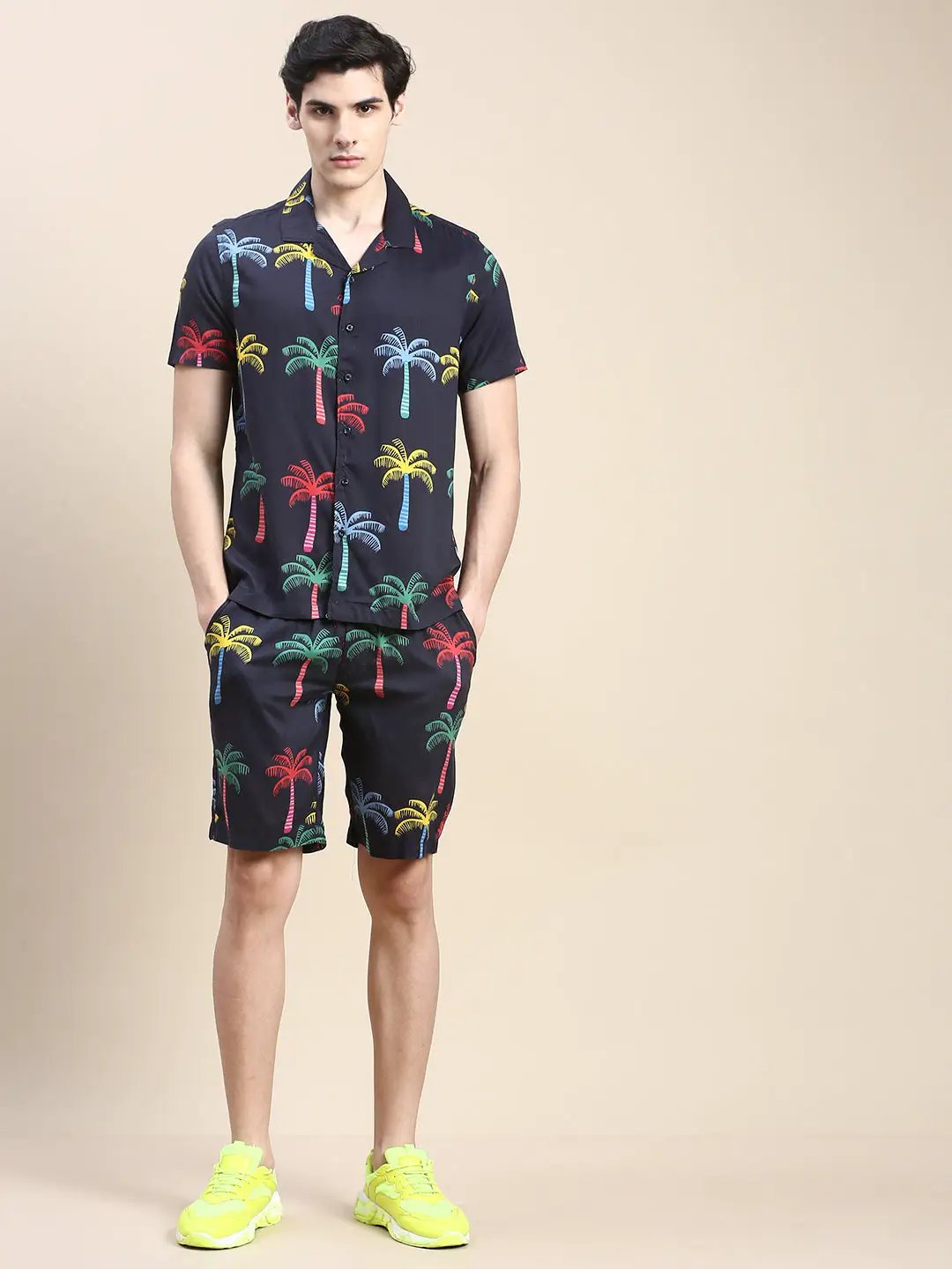 Men's Black Tropical Printed Shirt Collar Slim Fit Co-Ords Set