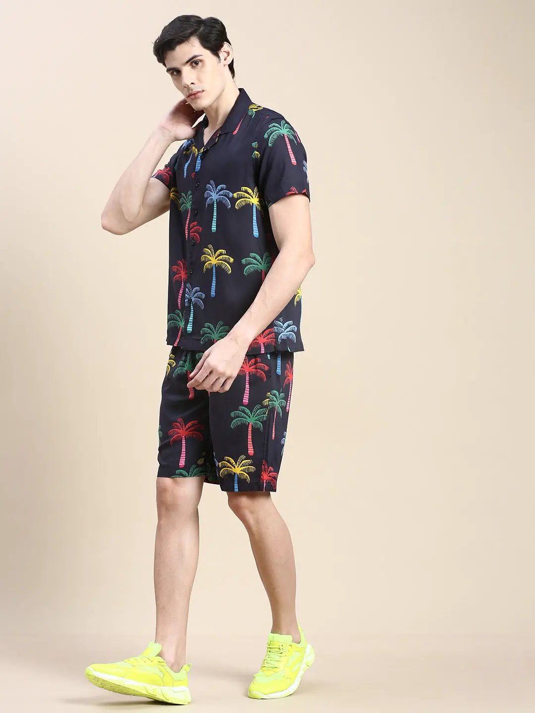 Men's Black Tropical Printed Shirt Collar Slim Fit Co-Ords Set