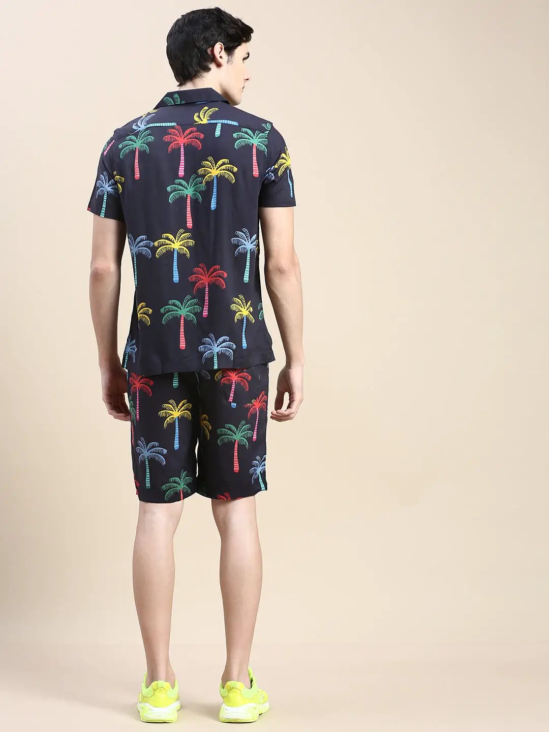 Men's Black Tropical Printed Shirt Collar Slim Fit Co-Ords Set