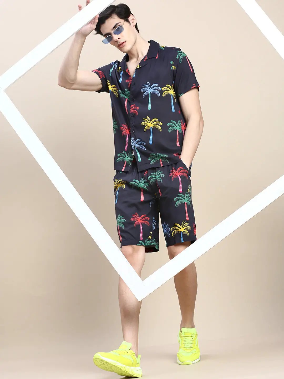 Men's Black Tropical Printed Shirt Collar Slim Fit Co-Ords Set