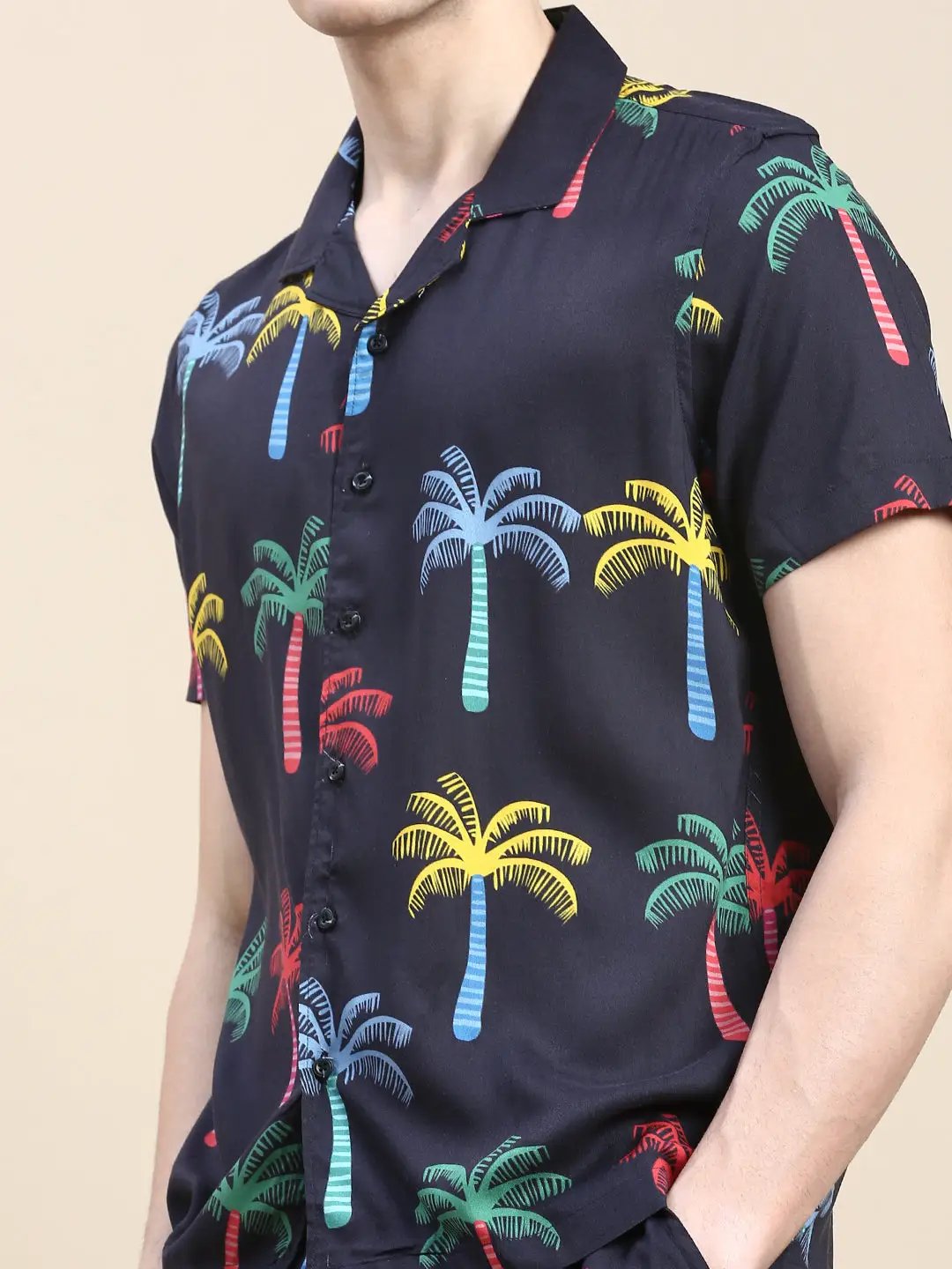 Men's Black Tropical Printed Shirt Collar Slim Fit Co-Ords Set