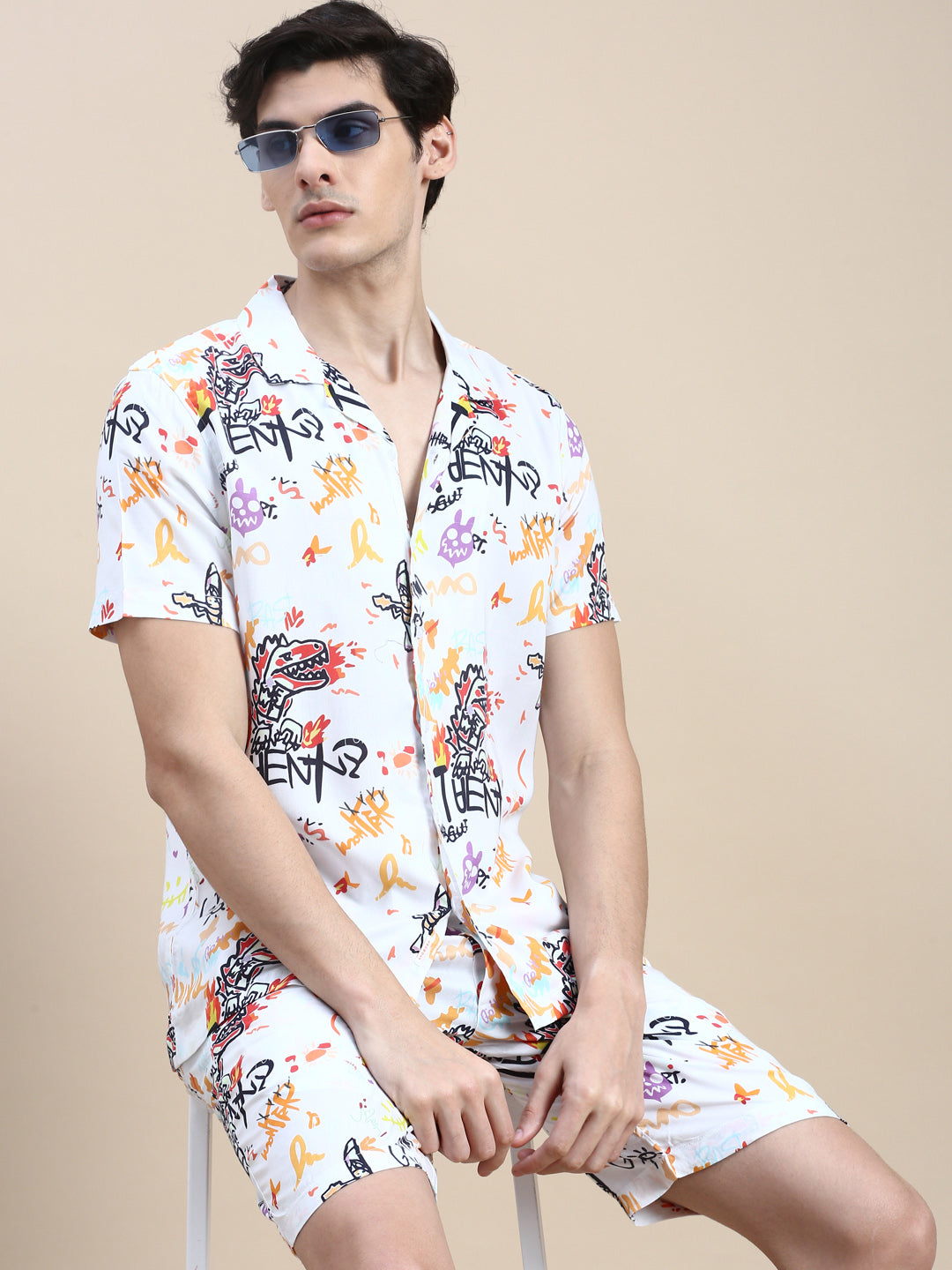 Men White Printed Casual Co ord Set