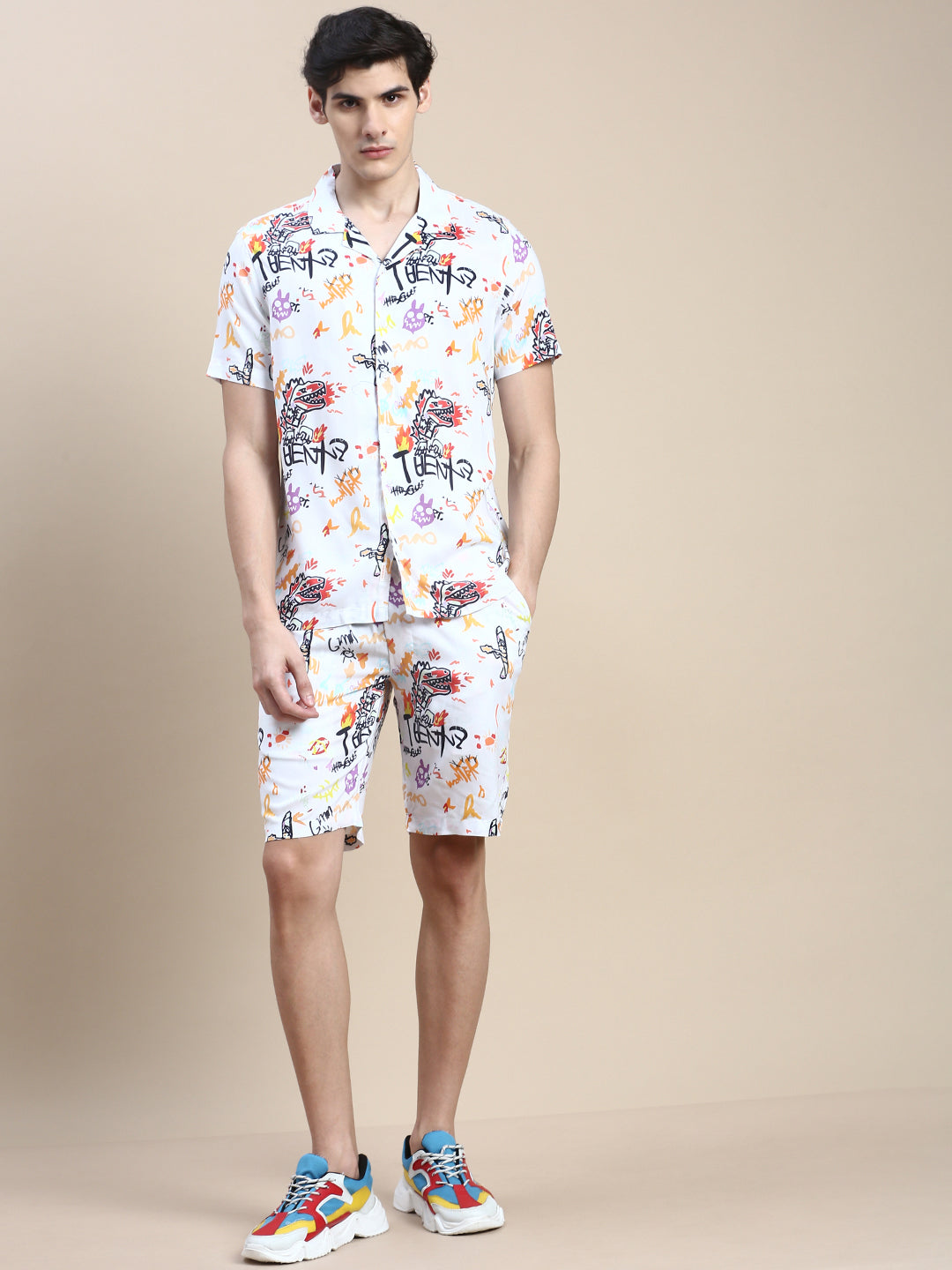 Men White Printed Casual Co ord Set