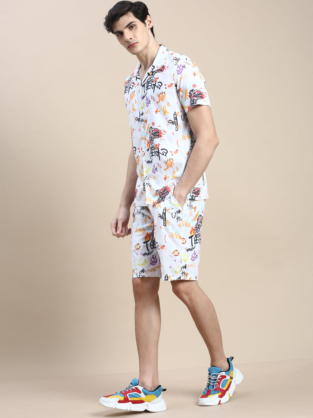 Men White Printed Casual Co ord Set