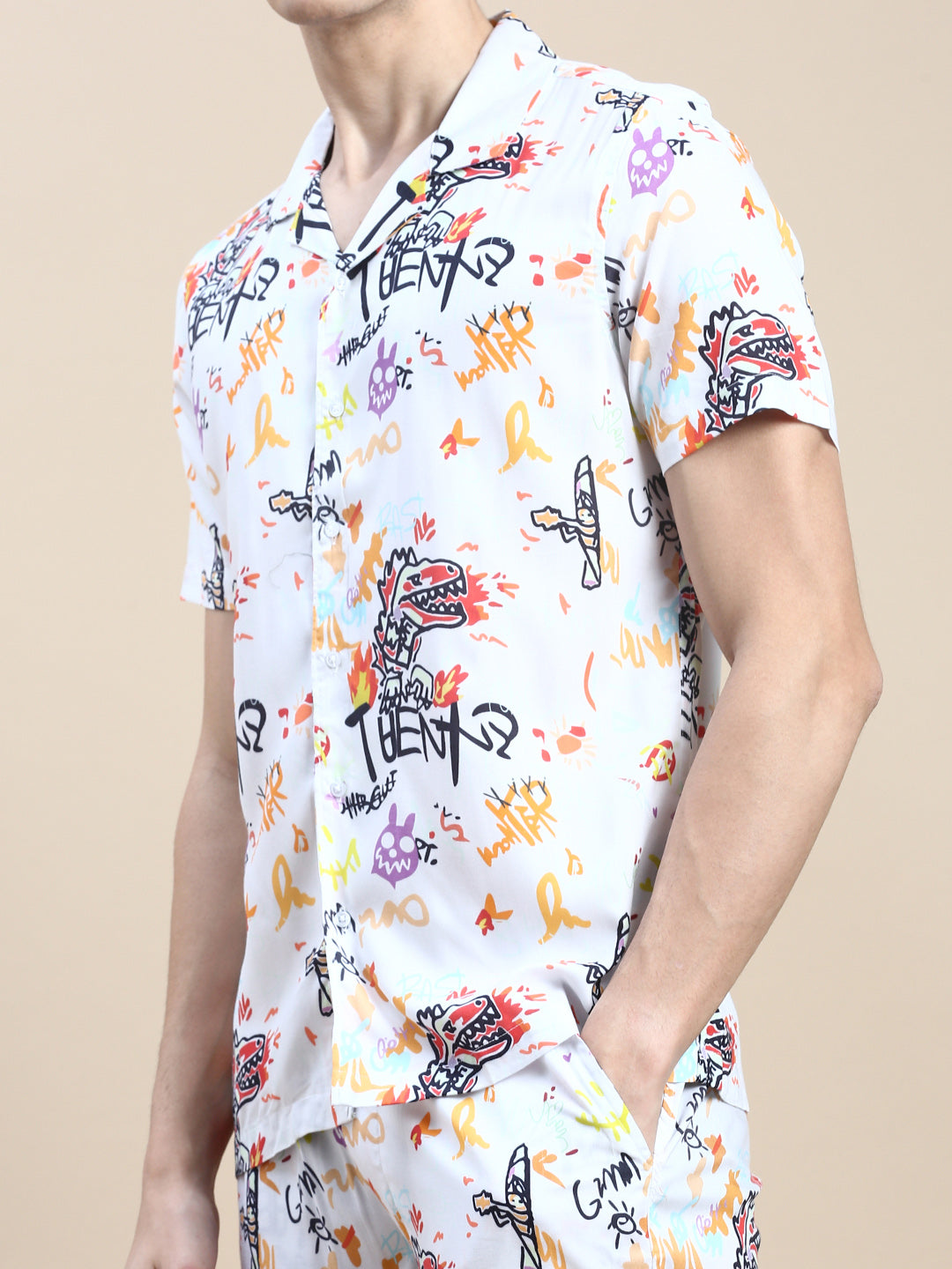 Men White Printed Casual Co ord Set