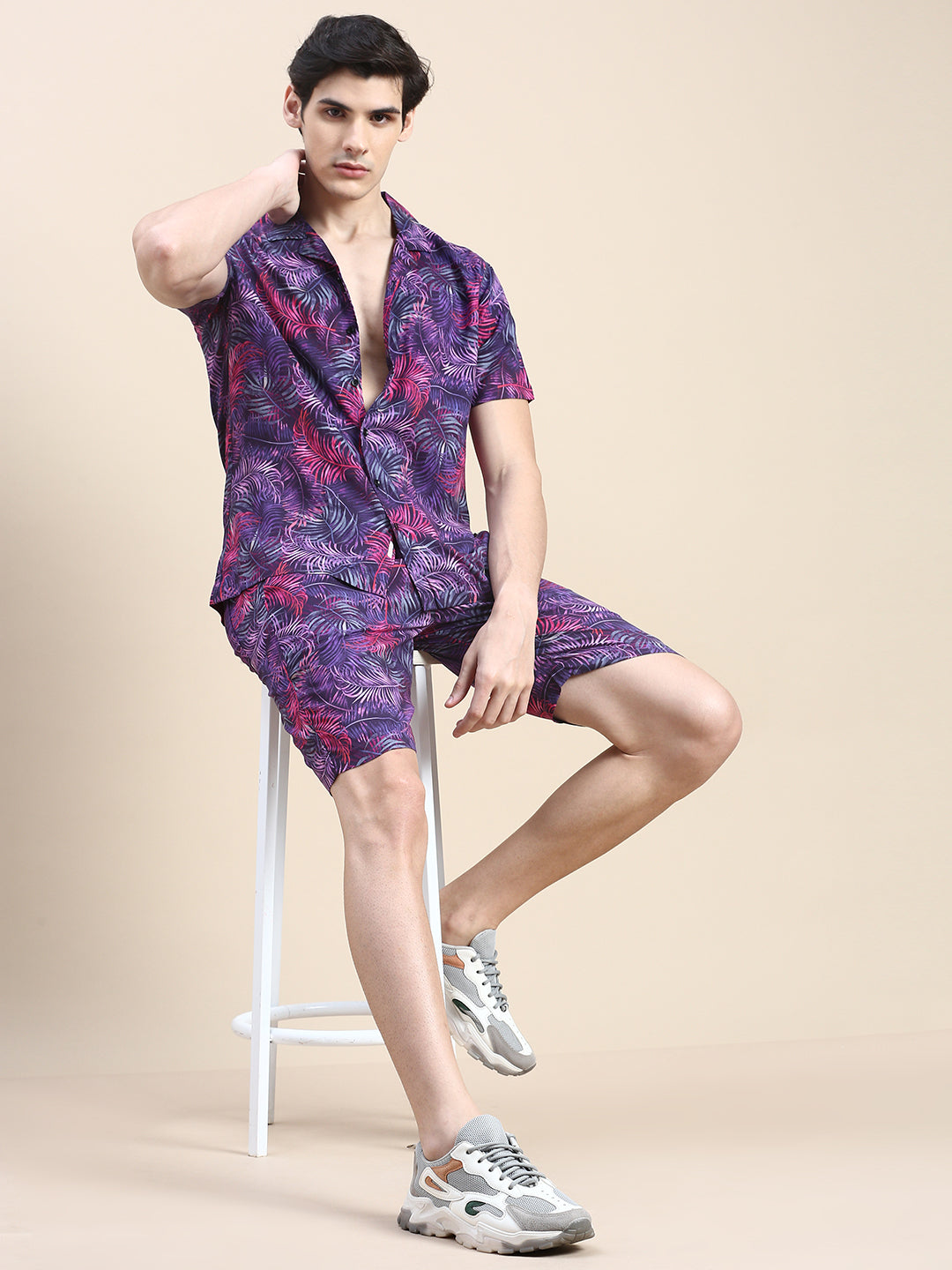 Men Purple Printed Casual Co ord Set