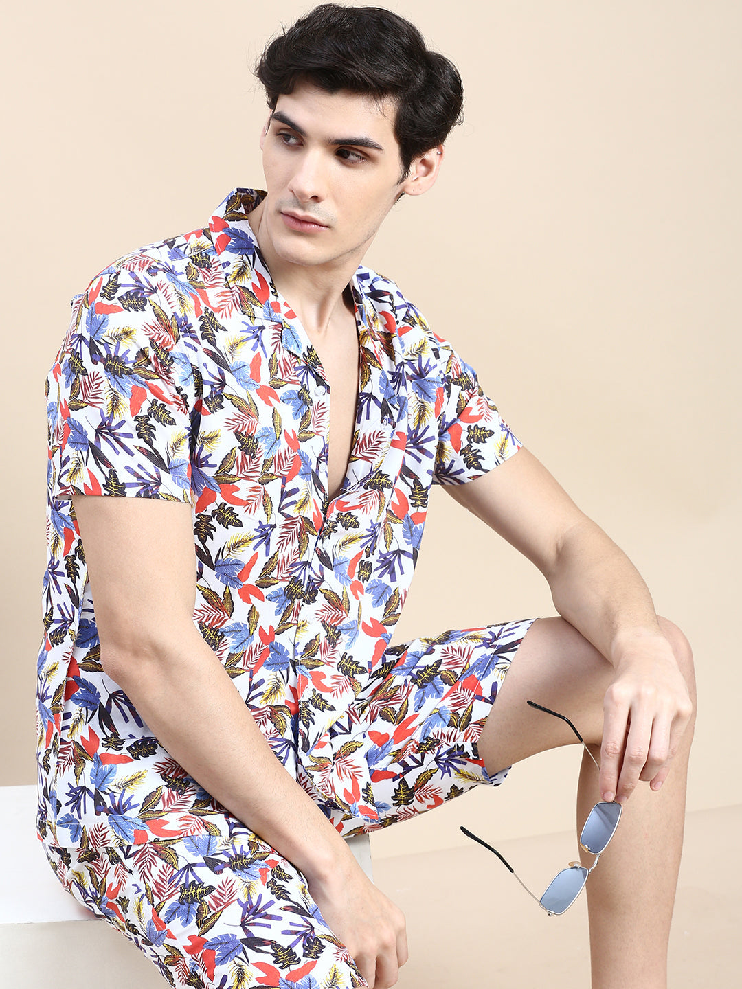 Men White Printed Casual Co ord Set