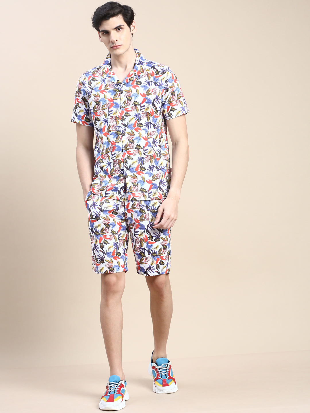 Men White Printed Casual Co ord Set