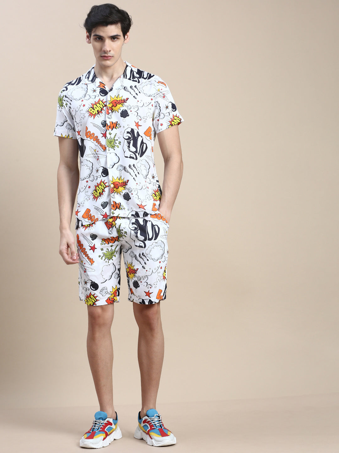 Men White Printed Casual Co ord Set