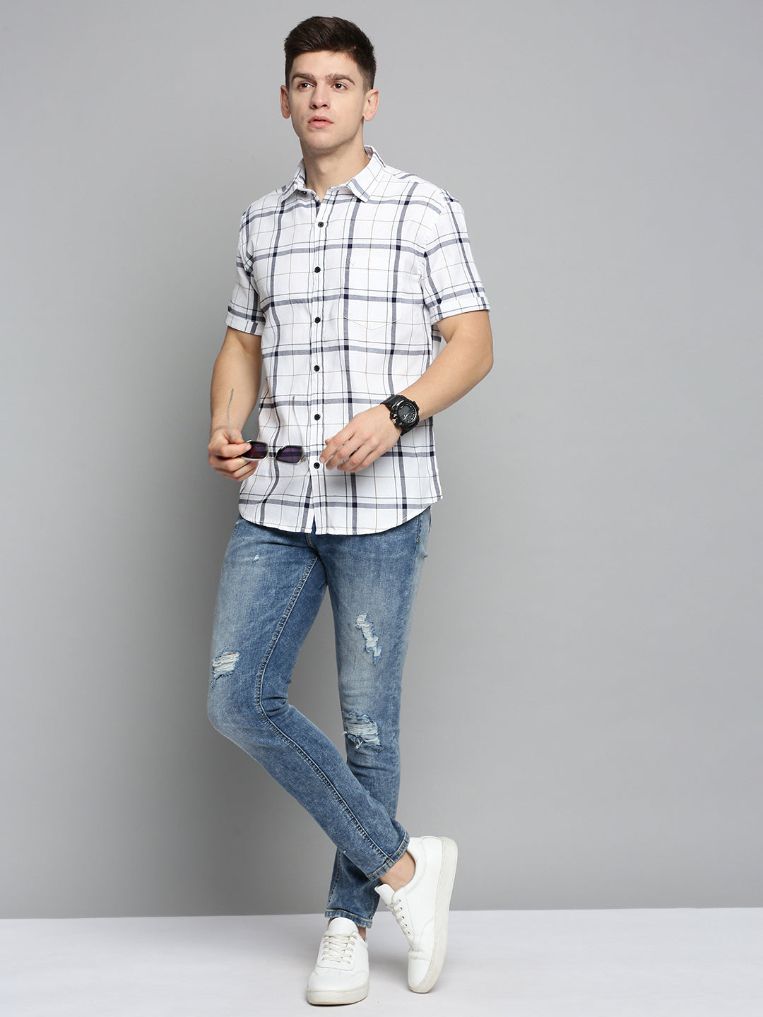Men's White Checked Casual Shirt