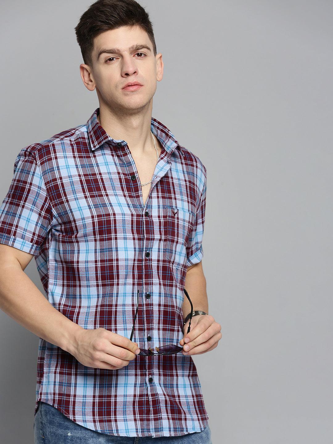 Men's Blue Comfort Tartan Checked Casual Cotton Shirt