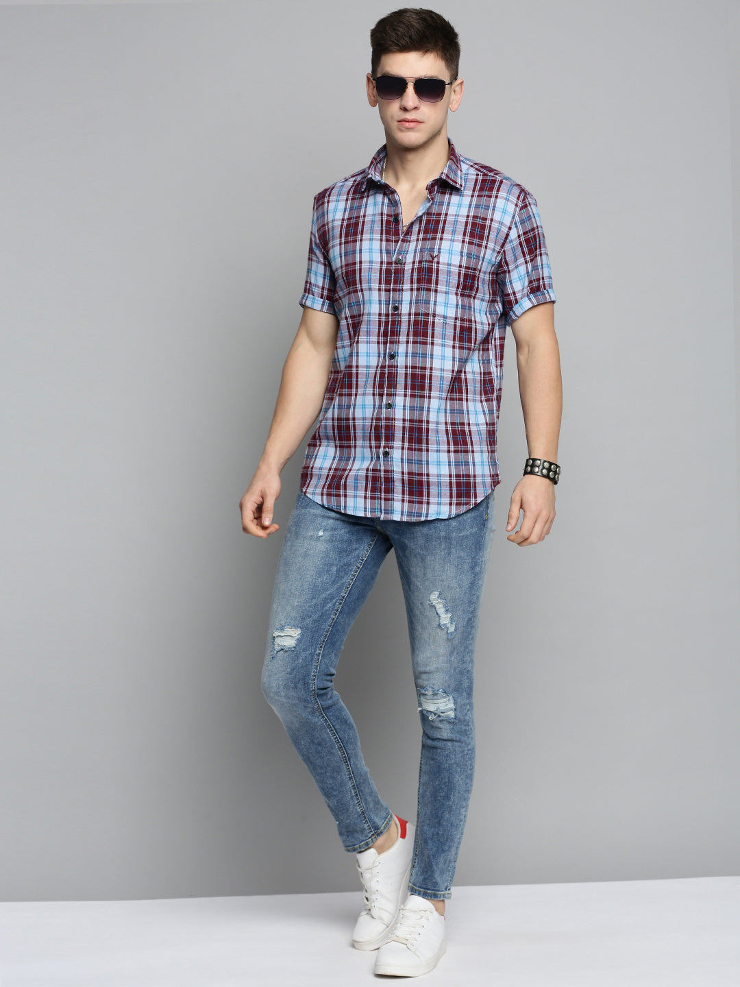 Men's Blue Comfort Tartan Checked Casual Cotton Shirt