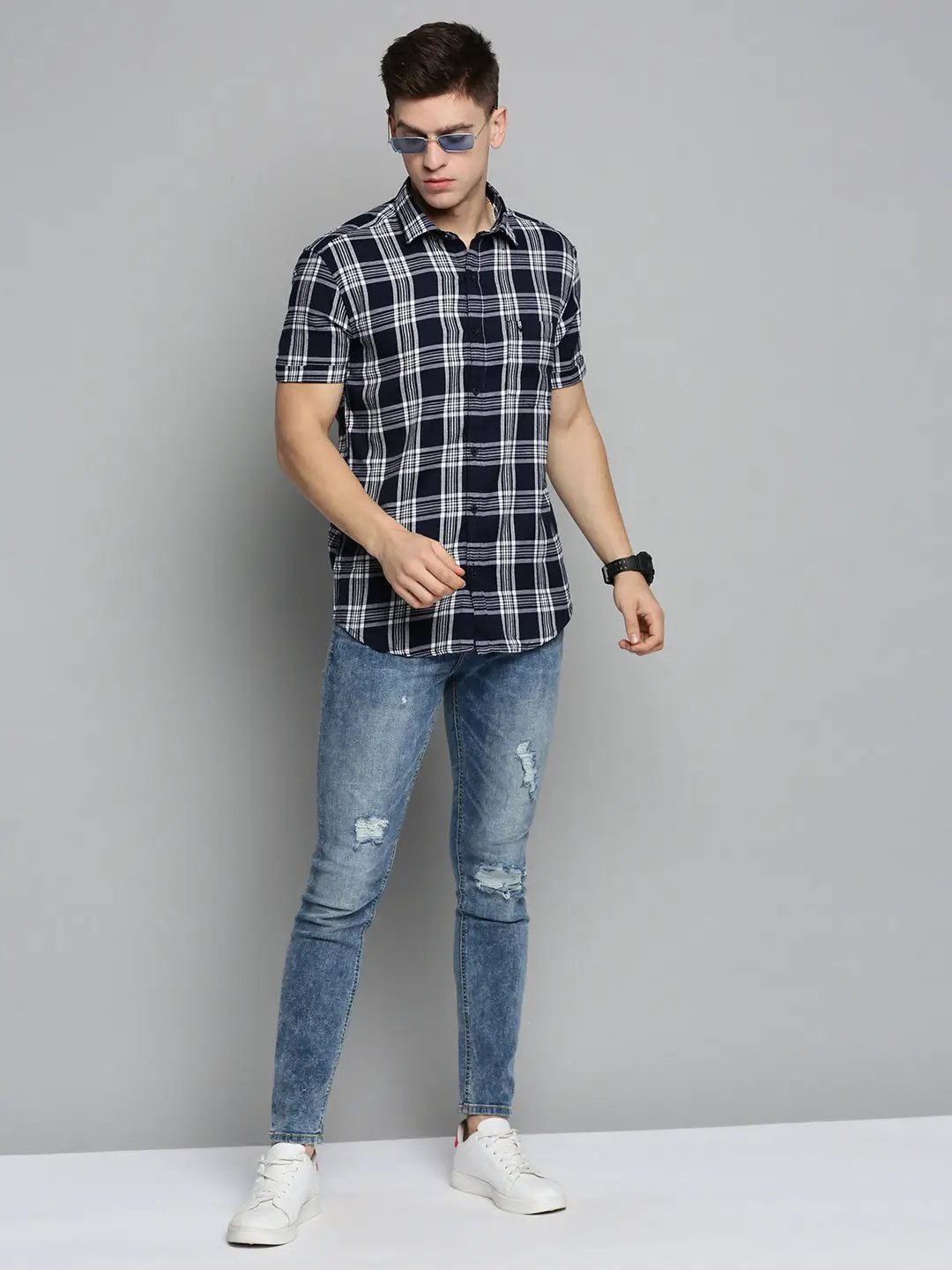 Men's Navy Checked Casual Shirt