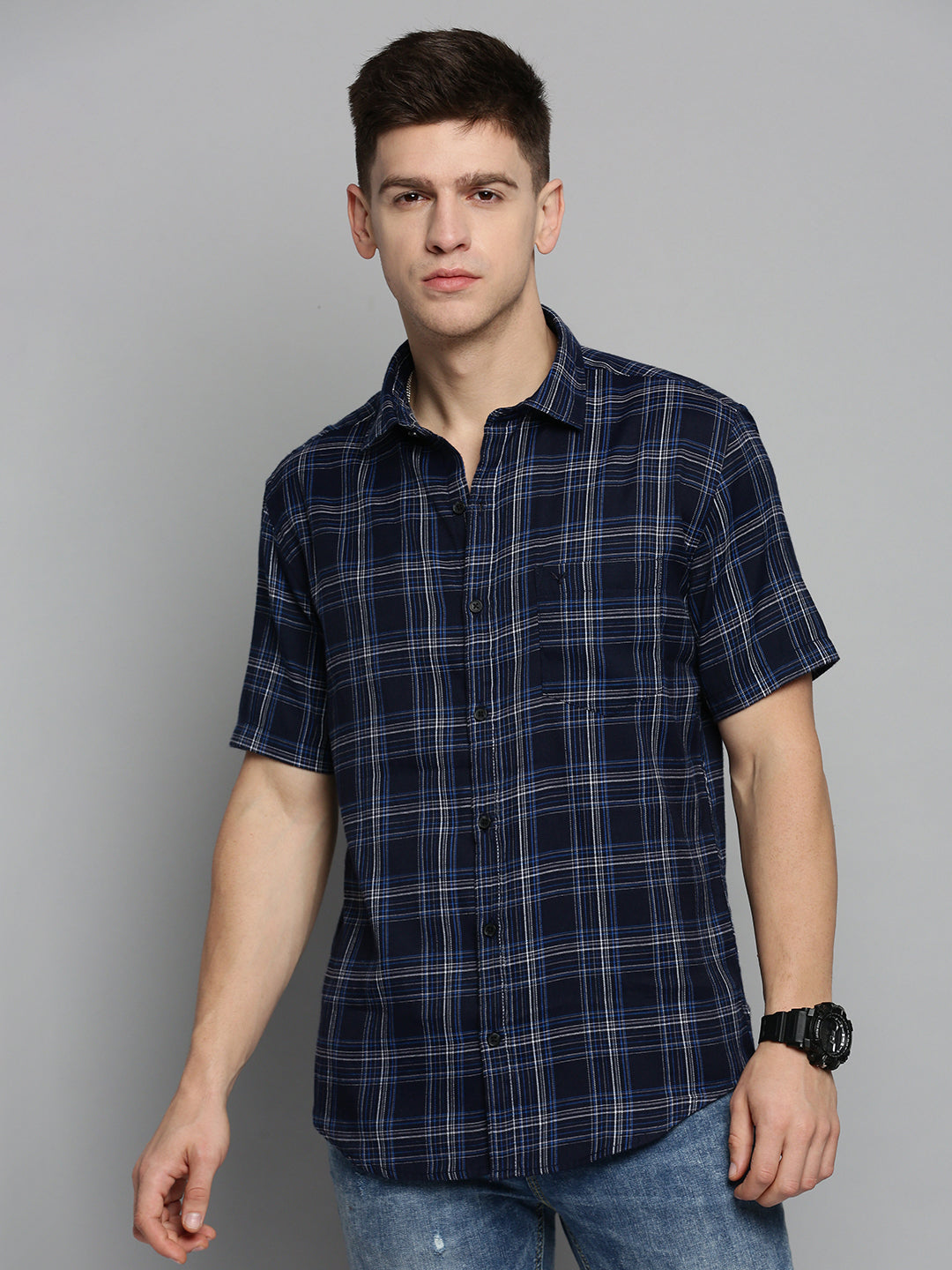 Men's Navy Checked Casual Shirt