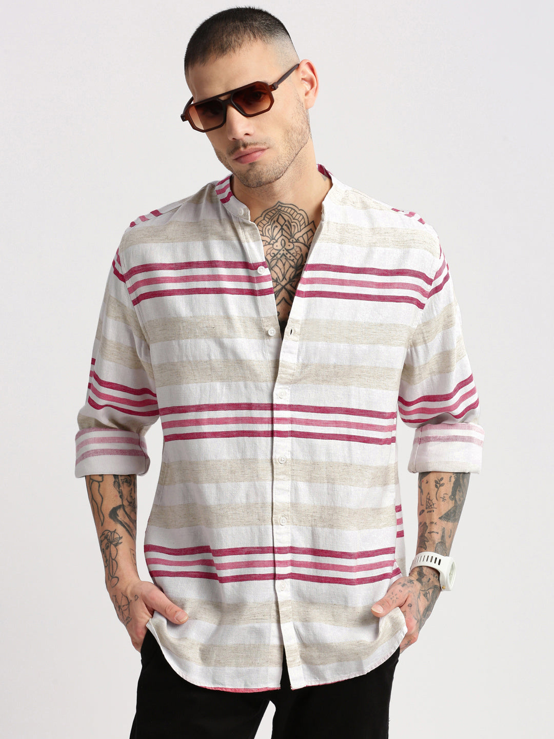 Men Mandarin Collar Horizontal Stripes Off White Casual Shirt