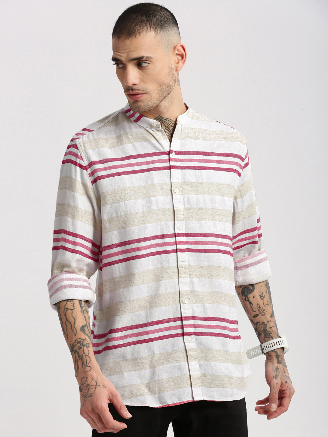 Men Mandarin Collar Horizontal Stripes Off White Casual Shirt