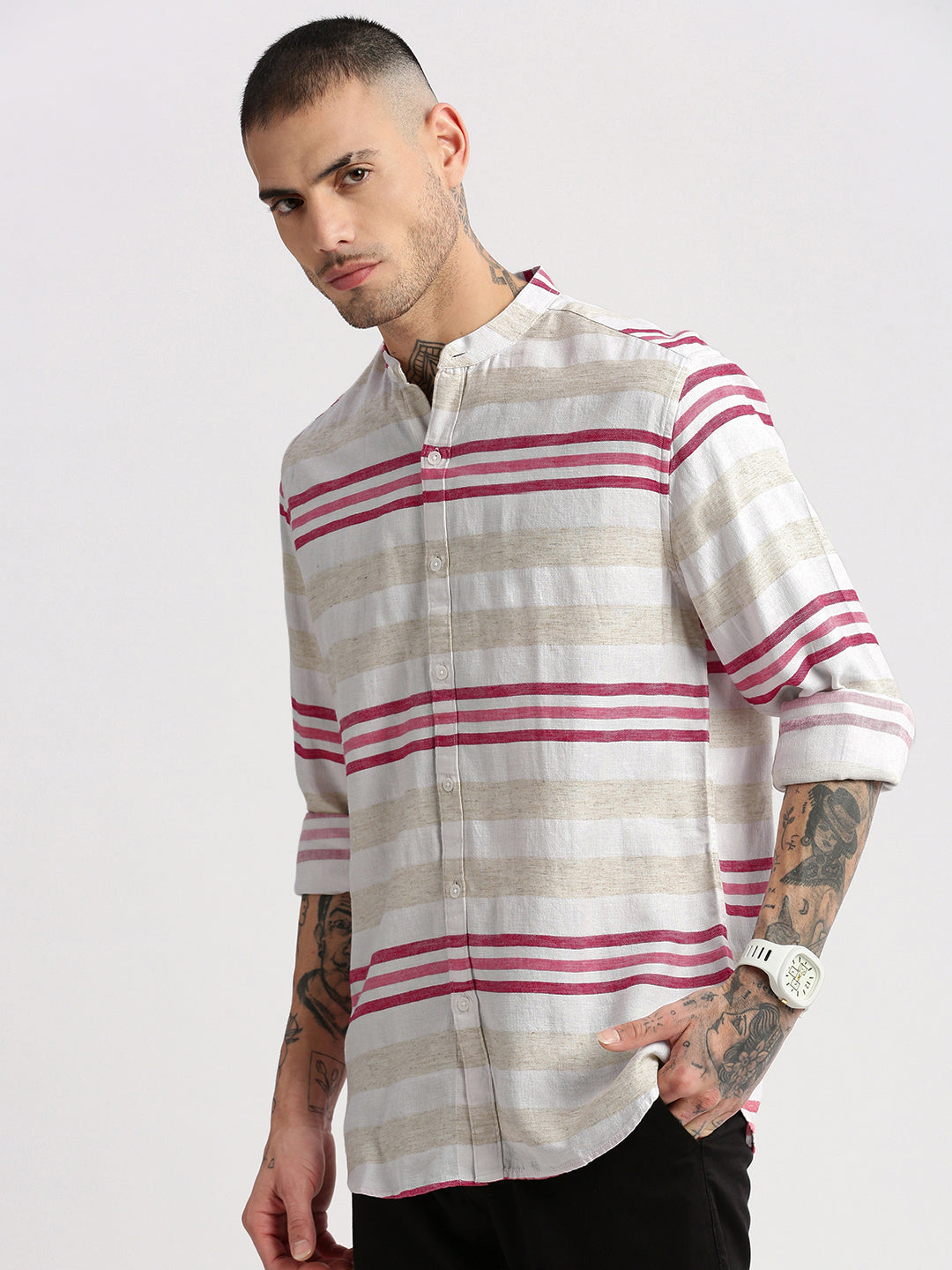 Men Mandarin Collar Horizontal Stripes Off White Casual Shirt