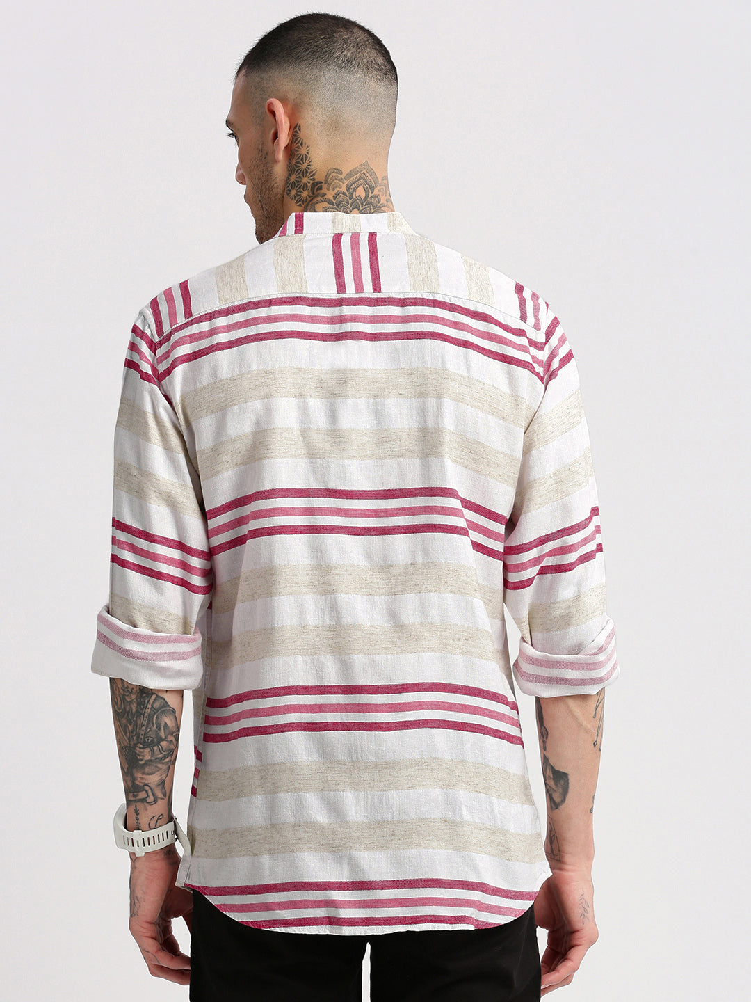 Men Mandarin Collar Horizontal Stripes Off White Casual Shirt