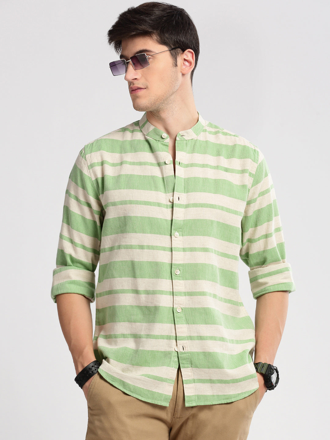 Men's Mandarin Collar Horizontal Stripes Green Casual Shirt