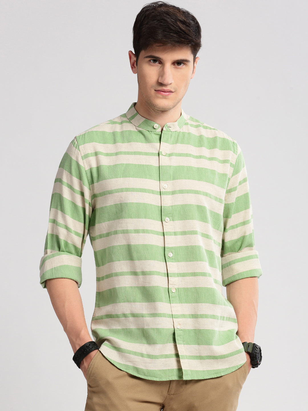 Men's Mandarin Collar Horizontal Stripes Green Casual Shirt