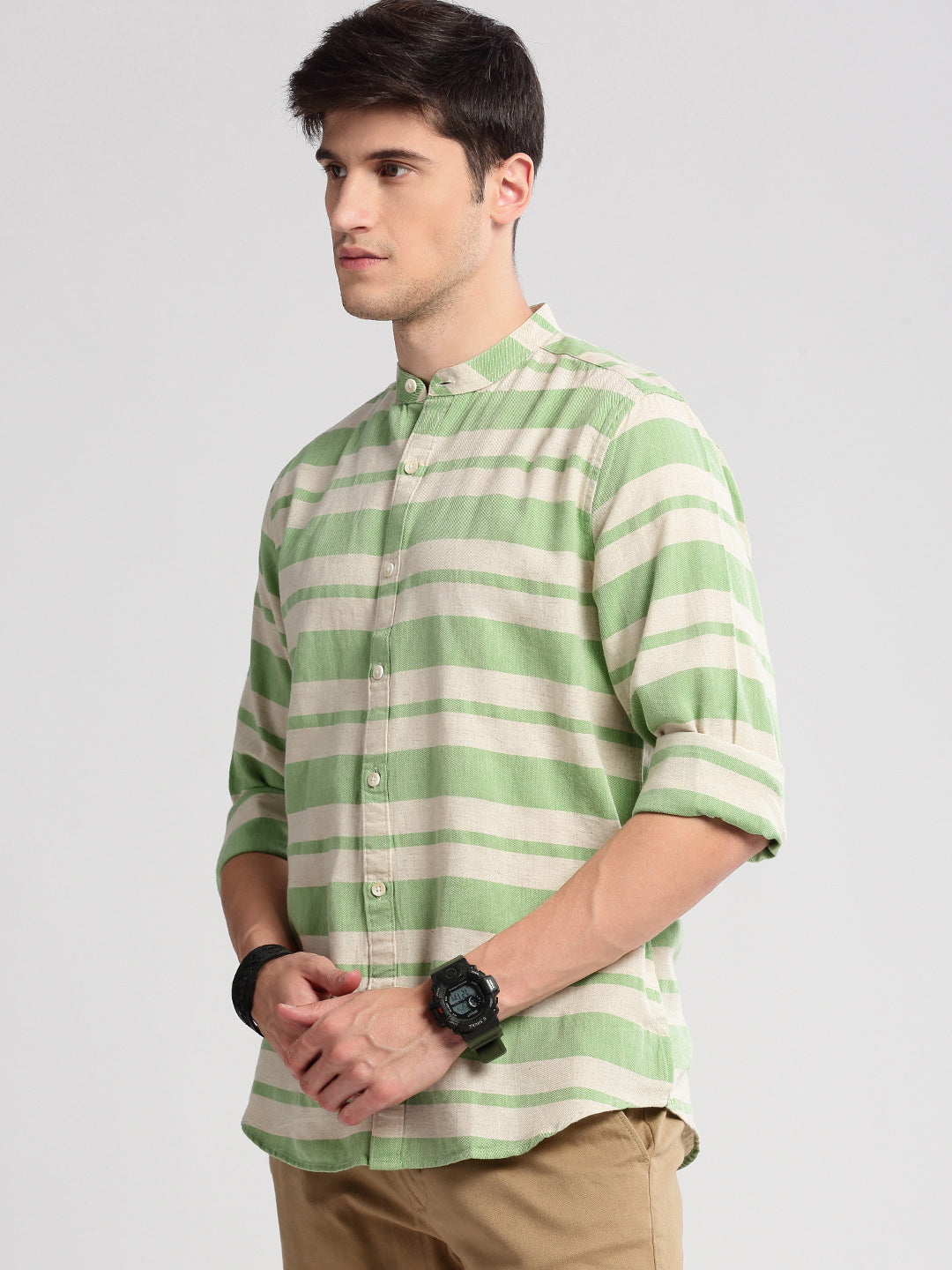 Men's Mandarin Collar Horizontal Stripes Green Casual Shirt