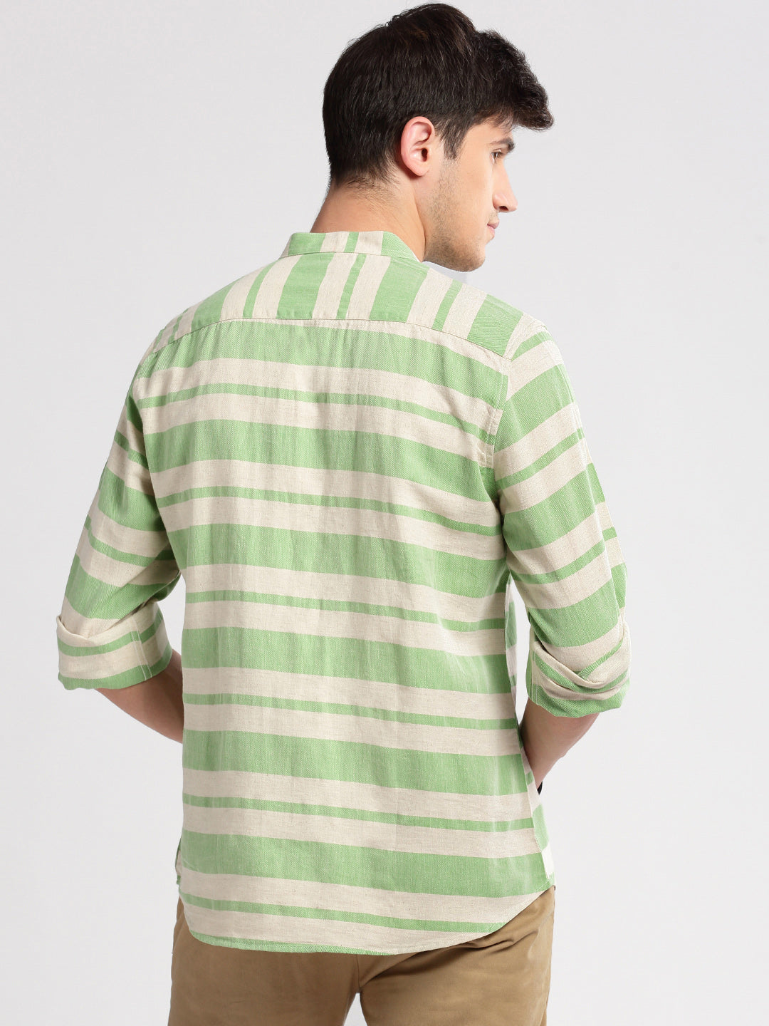 Men's Mandarin Collar Horizontal Stripes Green Casual Shirt