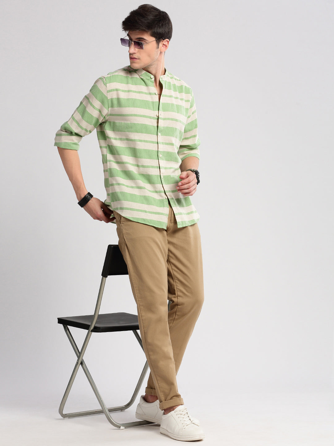 Men's Mandarin Collar Horizontal Stripes Green Casual Shirt