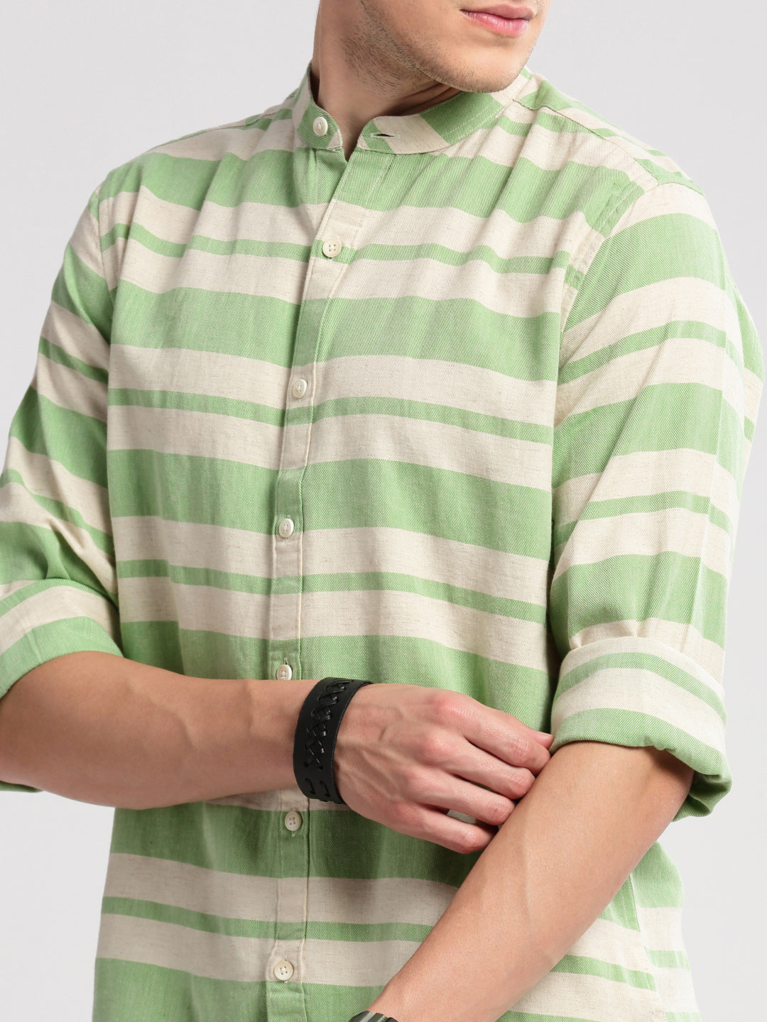 Men's Mandarin Collar Horizontal Stripes Green Casual Shirt