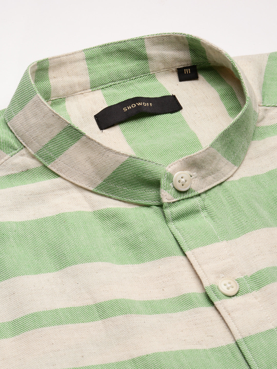 Men's Mandarin Collar Horizontal Stripes Green Casual Shirt
