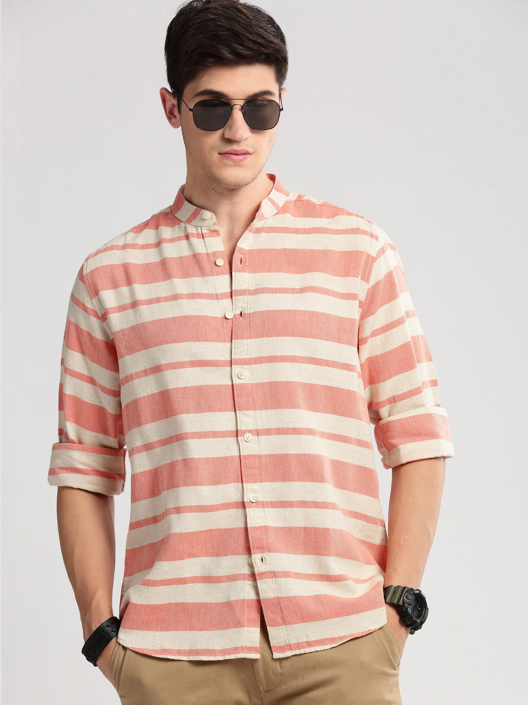 Men's Mandarin Collar Horizontal Stripes Orange Casual Shirt