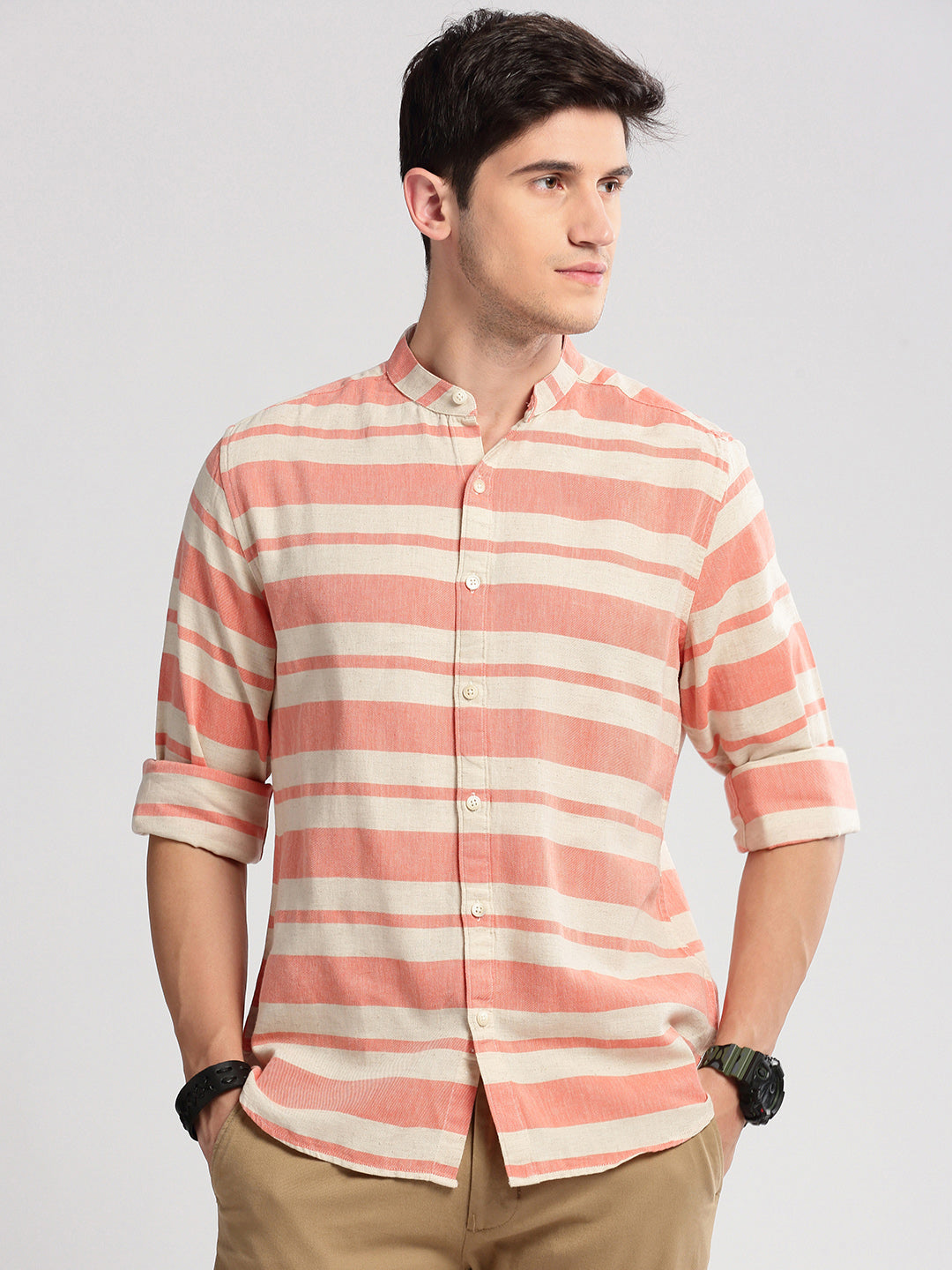 Men's Mandarin Collar Horizontal Stripes Orange Casual Shirt