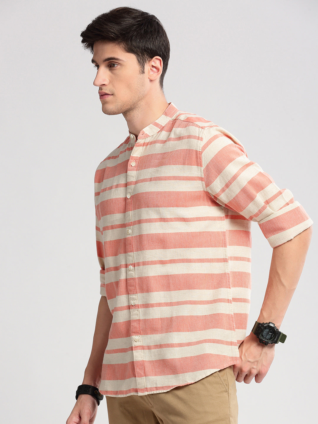 Men's Mandarin Collar Horizontal Stripes Orange Casual Shirt