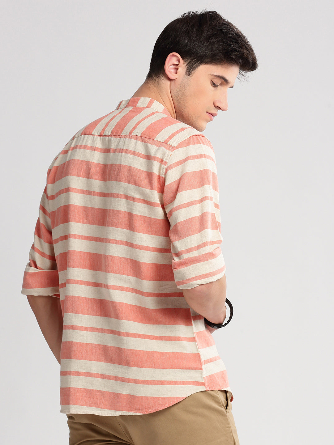 Men's Mandarin Collar Horizontal Stripes Orange Casual Shirt