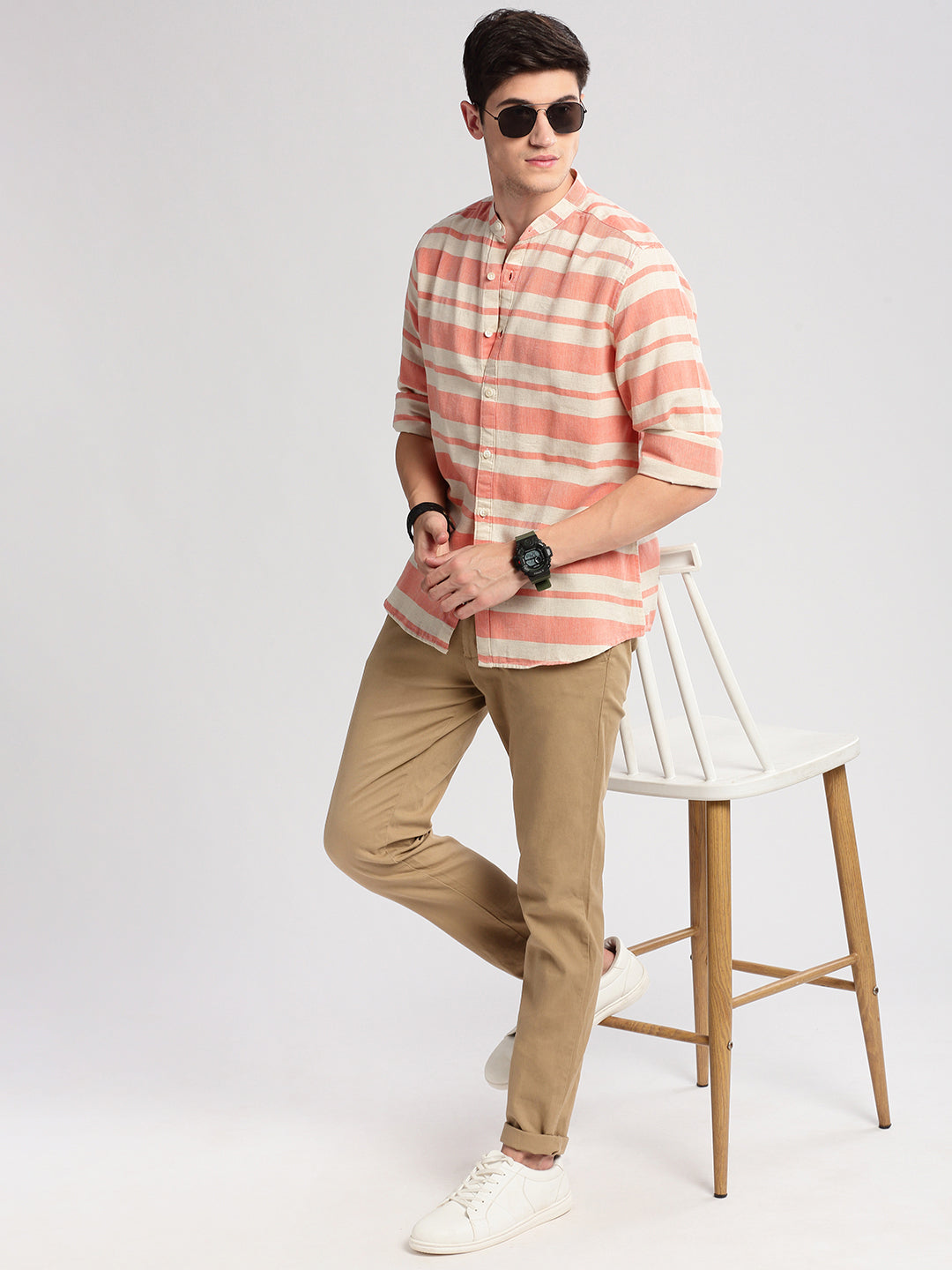 Men's Mandarin Collar Horizontal Stripes Orange Casual Shirt