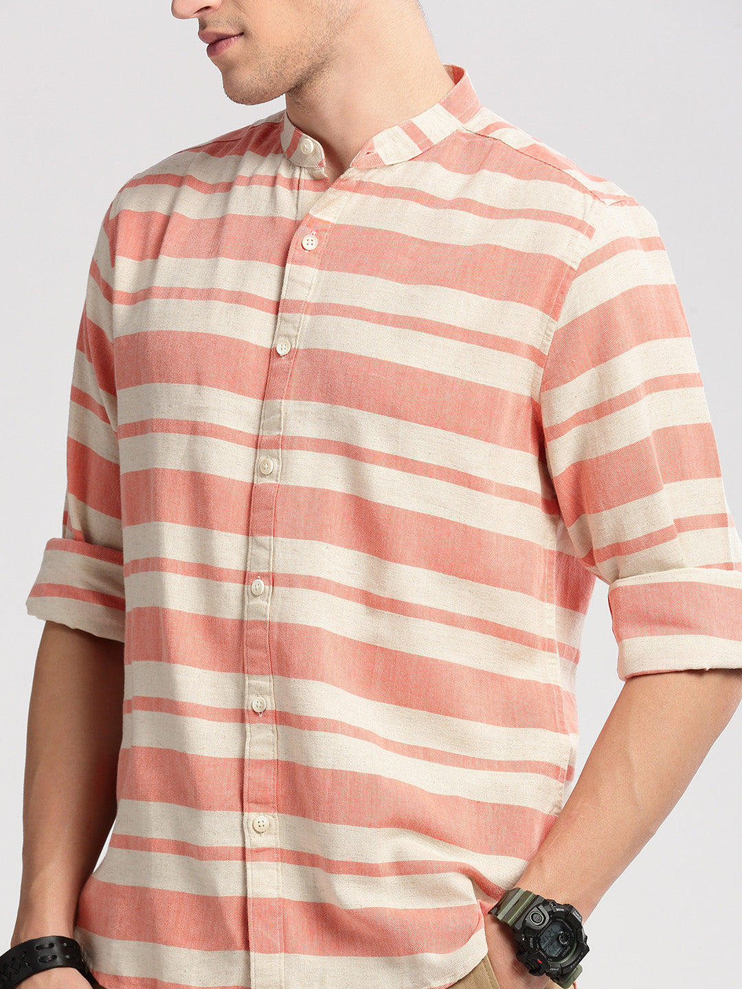 Men's Mandarin Collar Horizontal Stripes Orange Casual Shirt