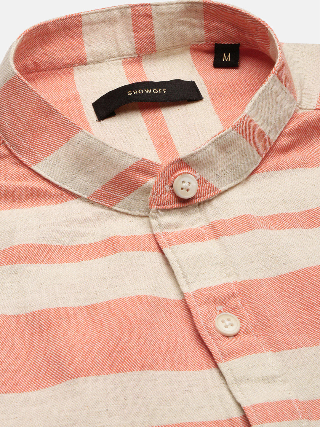 Men's Mandarin Collar Horizontal Stripes Orange Casual Shirt