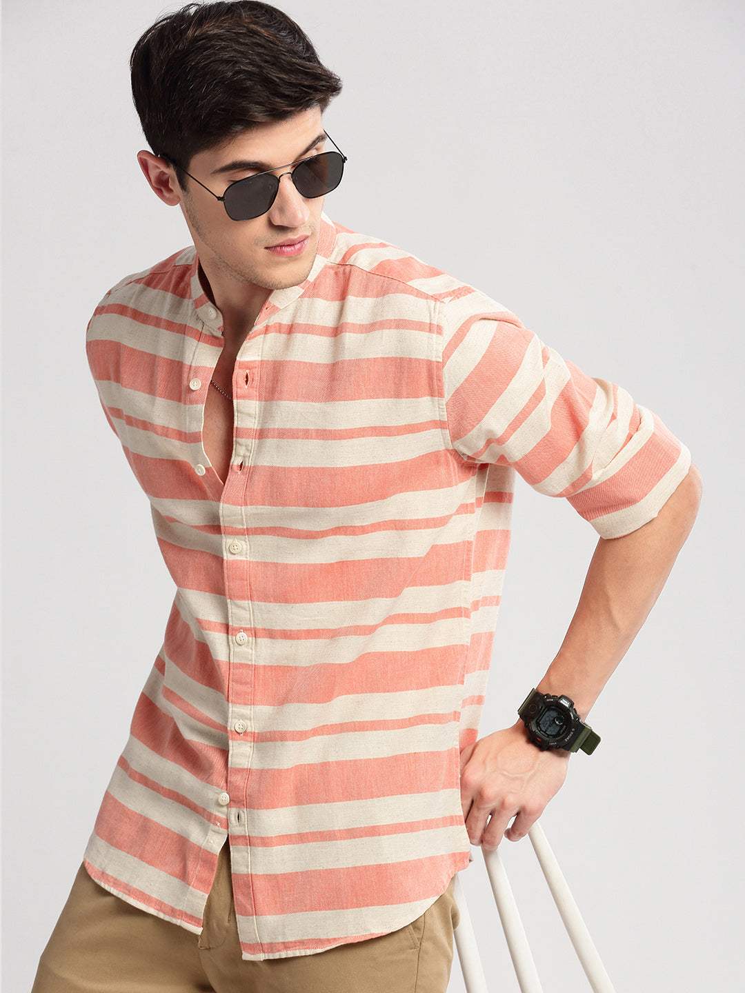Men's Mandarin Collar Horizontal Stripes Orange Casual Shirt