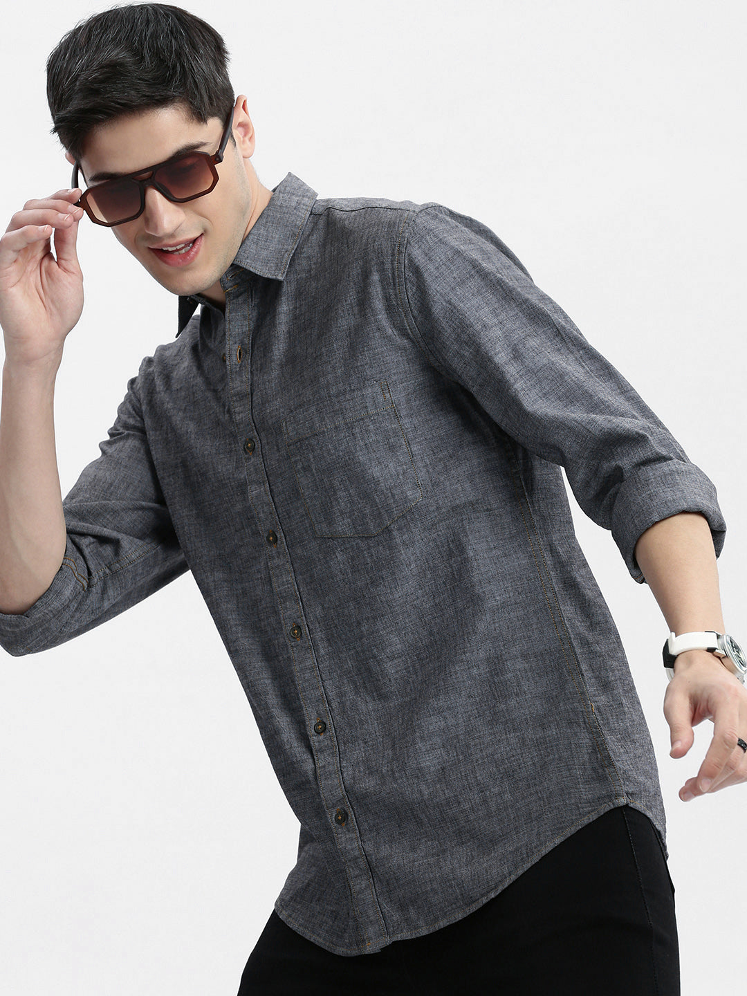 Men Spread Collar Solid Grey Shirt