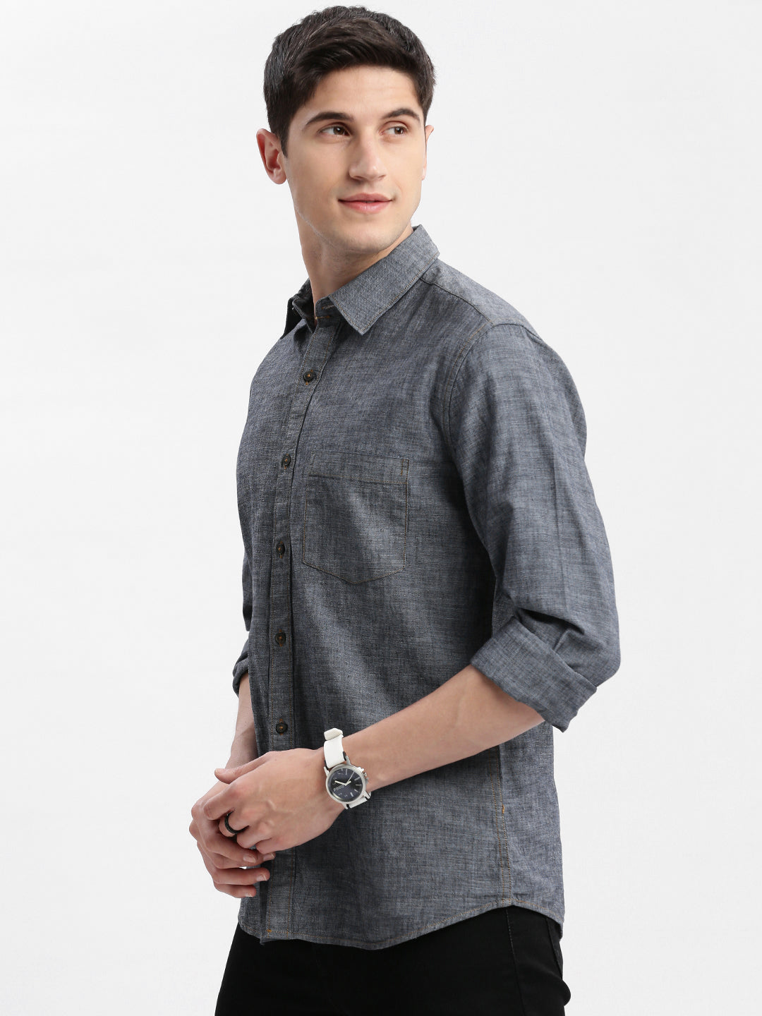 Men Spread Collar Solid Grey Shirt