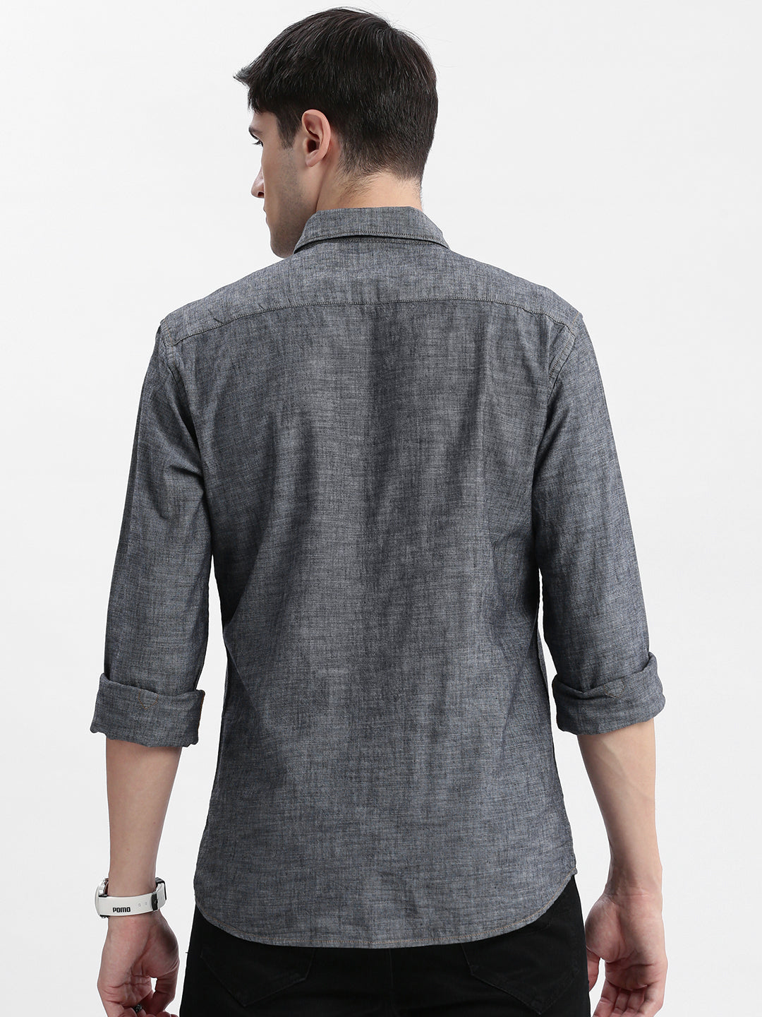 Men Spread Collar Solid Grey Shirt