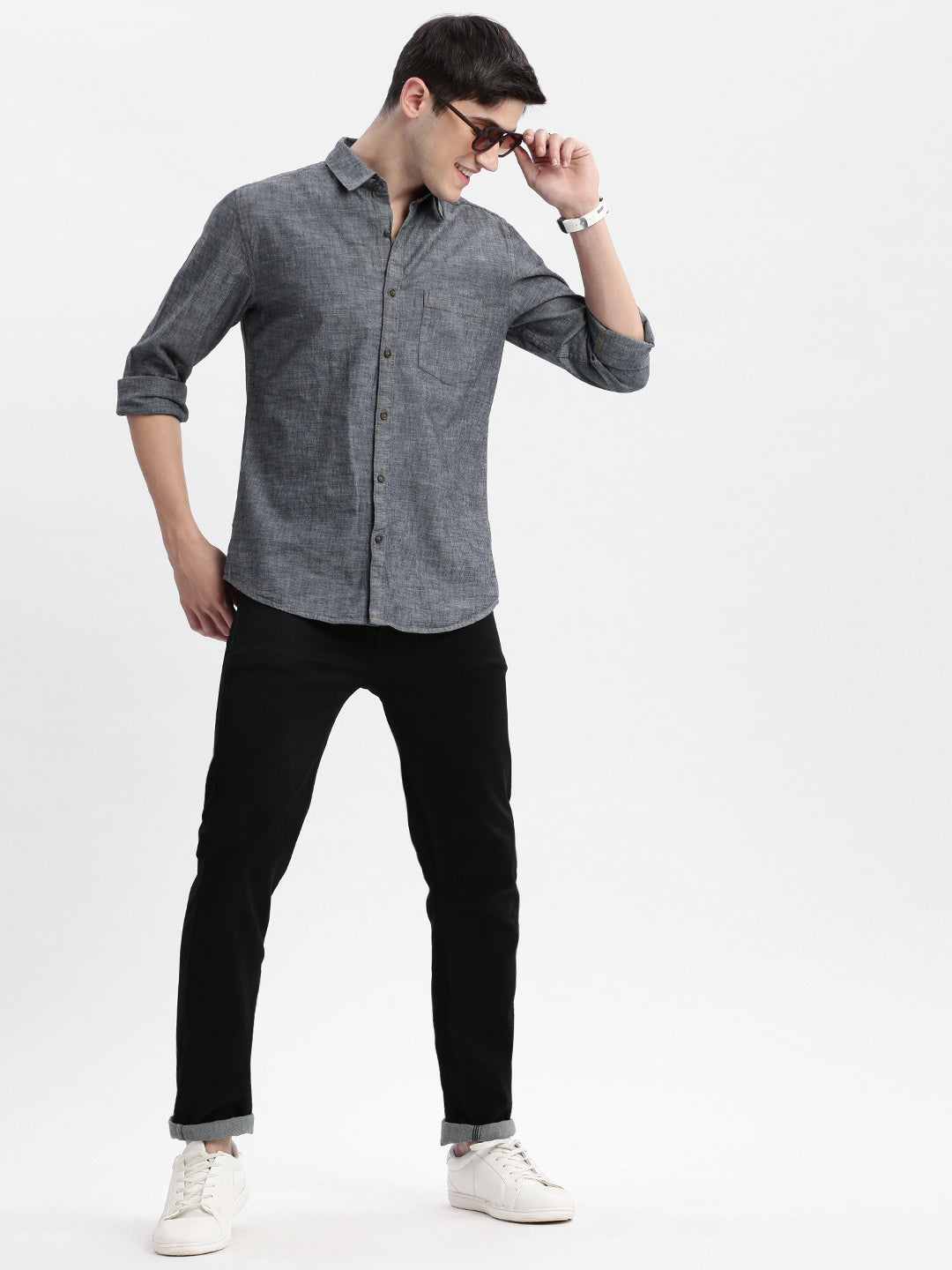 Men Spread Collar Solid Grey Shirt