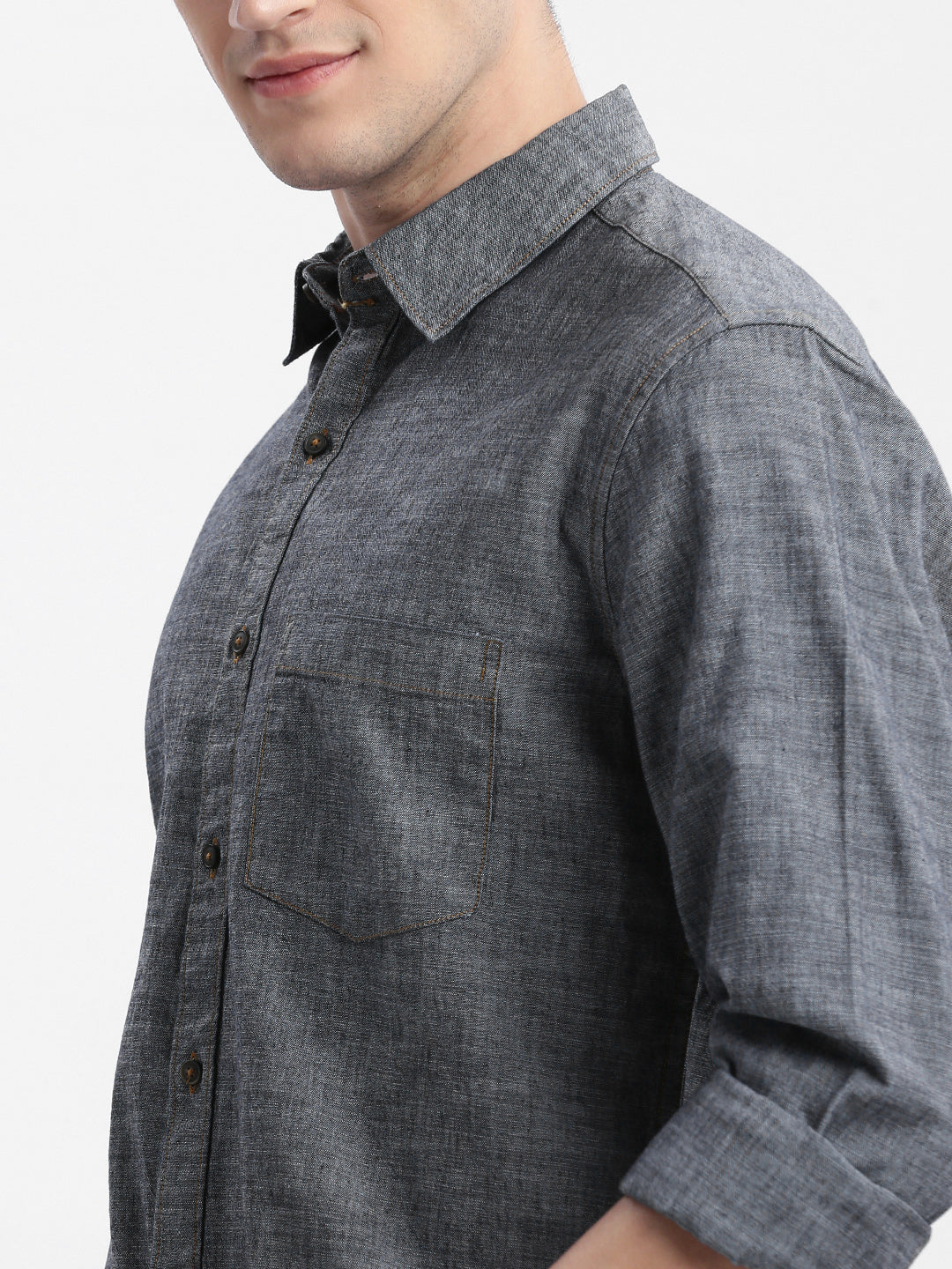 Men Spread Collar Solid Grey Shirt