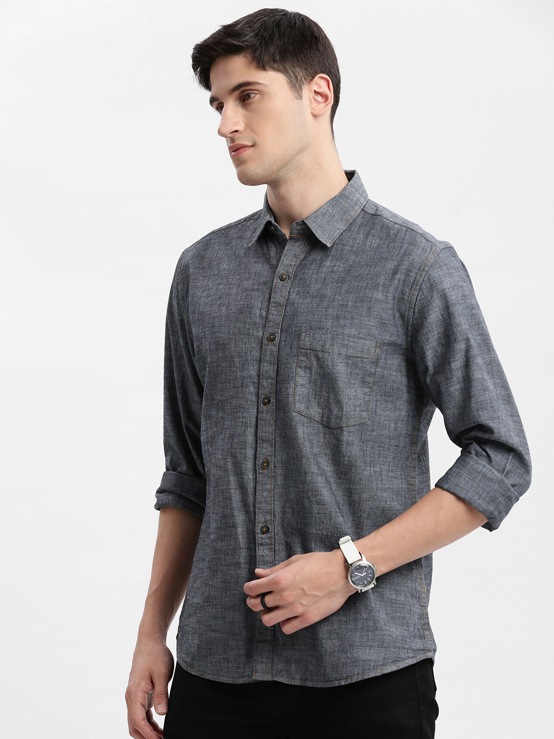 Men Spread Collar Solid Grey Shirt