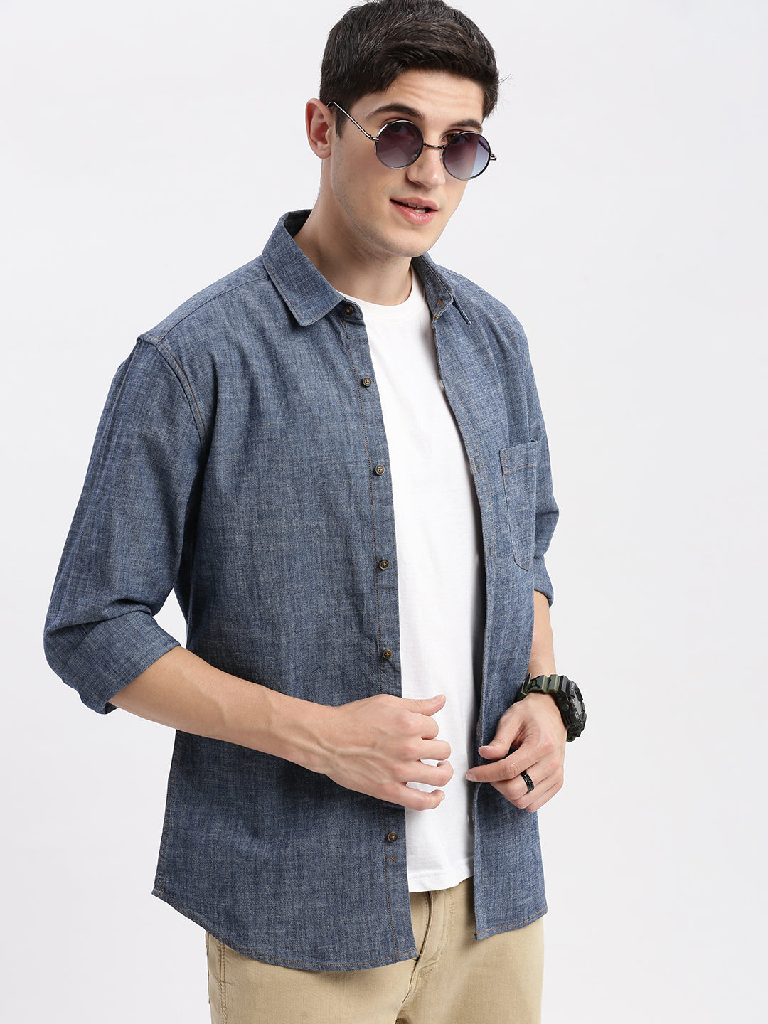 Men Spread Collar Solid Blue Shirt