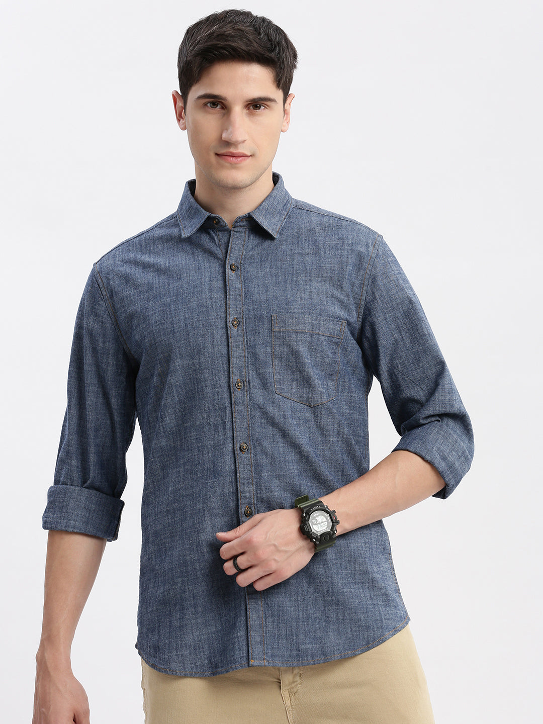 Men Spread Collar Solid Blue Shirt