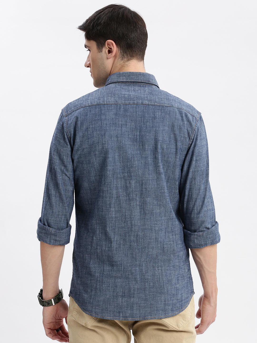 Men Spread Collar Solid Blue Shirt