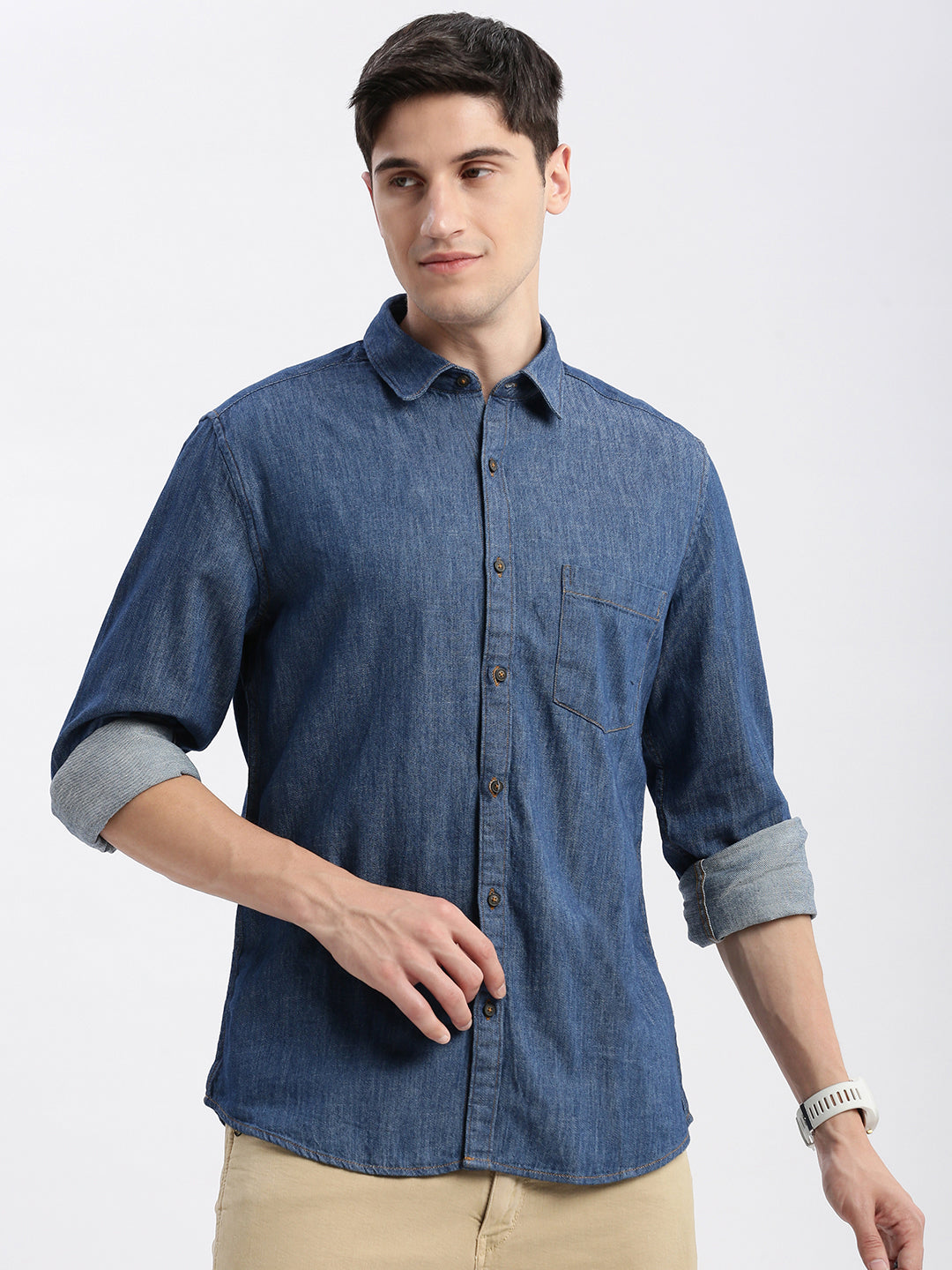 Men Spread Collar Solid Blue Shirt