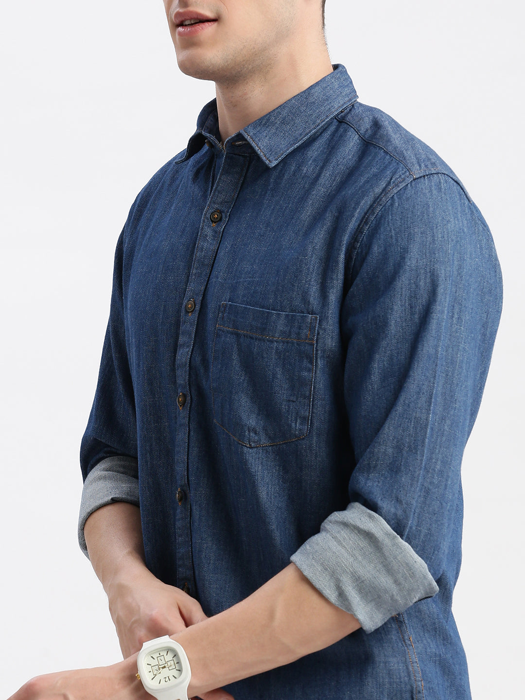 Men Spread Collar Solid Blue Shirt